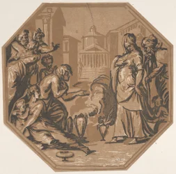 Folk som hyller Psyches skjønnhet, ca. 1540-50., ca. 1540-50.