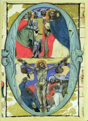 Historiert initial «O» som fremstiller Judaskysset og Korsfestelsen, ca. 1370