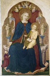 Madonna tronet med Child og to hengivne. Maleri av Niccolo di Pietro Gerini