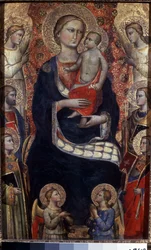 Madonna og barn med hellige og engler. Madonna med barn, hellige og engler. Maleri av Niccolo di Pietro Gerini (cirka 1350-1415). Florentinsk kunst, middelalder. Tempera på tre. Eremitasjemuseet, St. Petersburg