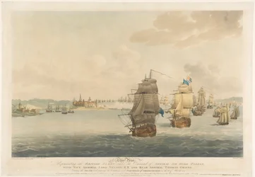 Etter Pocock, dette trykket forestiller den britiske flåten under kommando av admiral Sir Hyde Parker, med viseadmiral Lord Nelson, K.B. og kontreadmiral Thomas Graves