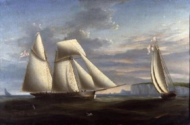 En toppseilskonnert og en skonnert fra Royal Yacht Squadron utenfor kysten av Dorset (panel)