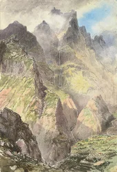 Grande Curral, Madeira, med en gruppe turister i forgrunnen, Pico Grande bortenfor (akvarell på papir)