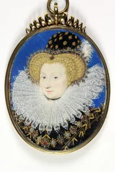 En dame tradisjonelt identifisert som Anne, Lady Hunsdon (akvarell og kroppsfarge på vellum)