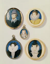 Miniatyrer, fra L til R, T til B: Mann med en hånd fra en sky; Ukjent ung mann, 1588; fru Holland 26 år gammel 1593; Arabella Stuart, hertuginne av Lennox; Ukjent dame