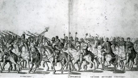 Plate 12 og 13 av pave Clemens VII og keiser Karl Vs inntog i Bologna 24. februar 1530, publisert ca. 1530