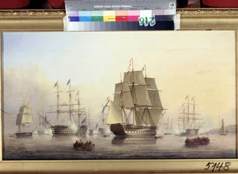 Keiser Nicholas I (1796-1855) på besøk i England (Emperor Nicholas I besøker England). Båtene skyter kanoner for å ønske velkommen og feire tsaren i Russland. Maleri av Nicholas Matthew Condy (1816-1851), olje på lerret