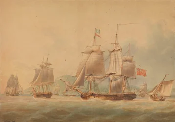 En konvoi avgår, ledsaget av en fregatt [muligens #39;Triton#39; (1796)]