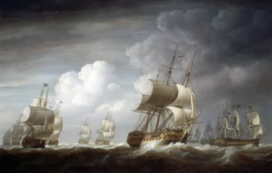 En flåte av indiaman-skip, britiske skip fra East India Trading Company. Olje på lerret