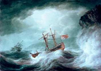 En storm, med et ankret skip i nød utenfor den steinete kysten