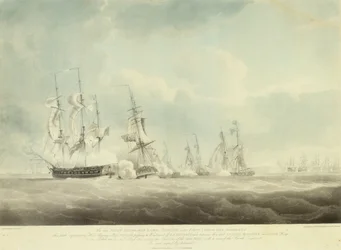 HMS #39;Pallas#39; passerer mot lo av #39;La Minerve#39; og #39;La Lynx#39;, #39;Palinure#39; og #39;Sylph#39;