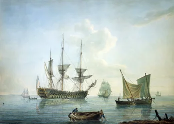 #39;En fregatt av tredje klasse (70 kanoner), en fiskebåt og andre båter utenfor sørkysten av England