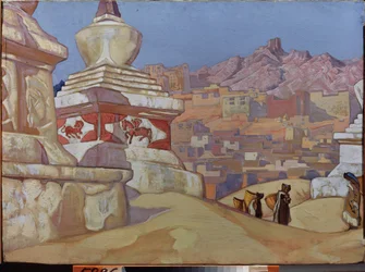 Courier of Good Fortune (fra Maitreya-suiten). Tibetansk buddhisme. Verk av Nicholas Roerich (1874-1947), tempera på papp