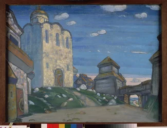 Forberedende dekor for operaen Prins Igor av Alexandre Borodin (Borodin) (1833-1887). Verk av Nicholas Roerich (1874-1947), pastell og tempera på papir