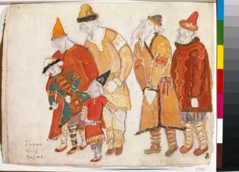 Folk av folket. Kostymer til operaen ""Prince Igor"" av Alexander Borodin (Borodin) (1833-1887). Verk av Nicolas (Nicholas) Roerich (1874-1947), akvarell og gouache på papir