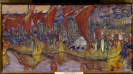 Kampanjen til Chersonessos av Vladimir den store (eller Helgenen, eller den røde solen, Vladimir I Sviatoslavitch fra Kiev, 958-1015). De røde seilene. Maleri av Nicolas Roerich (1874-1947), olje på lerret