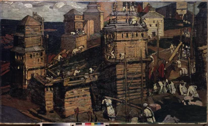 Bygge en by. (Bygge en by). (for et bygdesamfunn i Ukraina). Maleri av Nicholas Roerich (1874-1947), olje på lerret