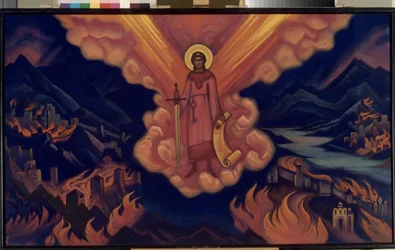 Den siste engelen. Verk av Nicolas (Nicholas) Roerich (1874-1947), tempera på papp