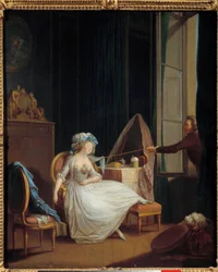 Frivol kjærlighet En mann oppdager brystet til en ung kvinne som sover på brystet hennes. Maleri av Niklas Lavreince (1737-1807). Paris fra 1700-tallet. Musee Cognacq Jay
