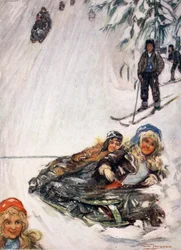 Jenter på veltet slede, Holmencollen, 1905