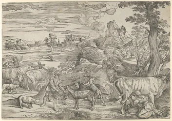 Landskap med en melkepike til høyre og en gutt til venstre, ca. 1535-40., ca. 1535-40.