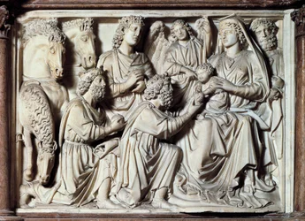 Adoration of Magi, flis fra prekestol med scener fra Kristi liv