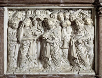 Fremstillingen av Jesus i tempelet, av Nicola Pisano (1215/20-1278/84), 1260, Johannes døperens baptisterium i Pisa, Italia
