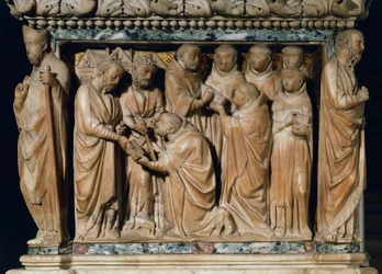 Apostlene Peter og Paulus viser seg for Saint Dominic, dekorativt relieff fra Arca di San Domenico, av Nicola Pisano og hans verksted, marmor, kapellet San Domenico, Basilica of San Domenico, Bologna, Emilia-Romagna, Italia
