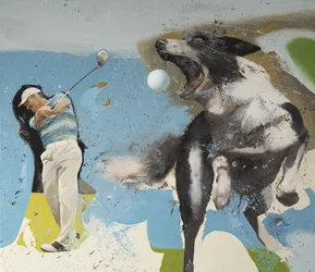 Golfspiller med hund, 2023 (olje på lerret)