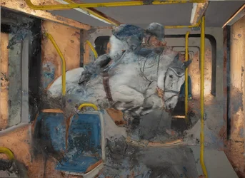 Hvit hest hopper på et tog, 2023 (olje på kobber)