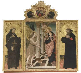 Bebudelsen mellom de hellige Johannes Gualbert og Benedikt, ca. 1500–05 (triptykon på panel)