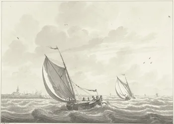 Skip under seil på Maas, i det fjerne landsbyene Oud og Nieuw Beijerland