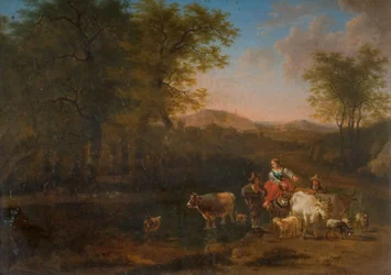 Pastoralt landskap med figurer, 1683.