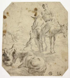 Kvinne og barn på esel, mann, hunder, hester