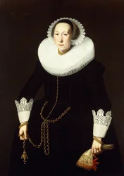Portrett av en dame, stående i trekvart figur, iført et forseggjort svart kostyme, en hvit pipekrage og blondemansjetter, med en gullkjede og et par hansker, 1633