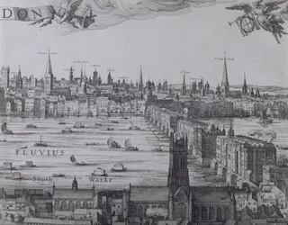 Panorama over London og Themsen, del tre som viser Southwark, London Bridge og kirkene i byen, ca. 1600 (se også 7214, 64730 og 64732)