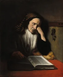 En gammel kvinne som døser over en bok, ca. 1655.