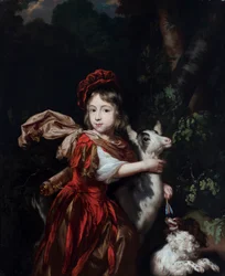 Portrett av en ung gutt kledd som en jeger med en geit og en hund, i et landskap. Et portrett av en ung gutt kledd som en jeger med en geit og en hund.