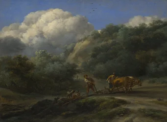 En mann og en ungdom som pløyer med okser, ca. 1650