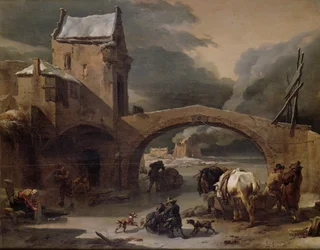 A Winter Landscape with Peasants and Horses on a Frozen Canal by a Fortified Bridge, c.1660-70 (oil on panel)