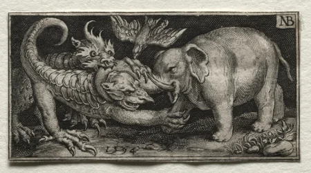 Elefant som kjemper mot to dyr, 1594.