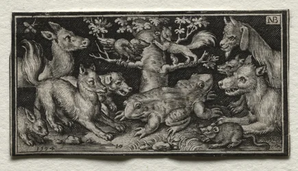 Tohodet frosk omgitt av dyr, 1594.
