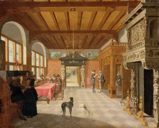 Interiør i en hall med figurer, 1621