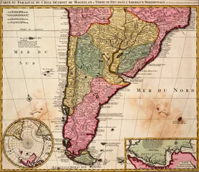Kart over Paraguay, Chile, Magellanstredet og Tierra del Fuego i Sør-Amerika, ca. 1720 (farget gravering)
