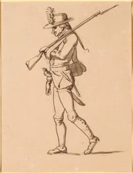 Karikatur av en soldat i profil til venstre. Venstre arm er bandasjert, men han bærer en rifle.
