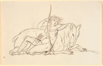 Kvinnefigur med piler og kogger, sittende lent mot et imaginært dyr (eventuelt en maursluker). Allegori av Amerika