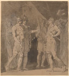 Scene fra Voltaires "Le triumvirat", muligens 1. akt, scene 4