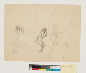 Studier av hoder og figurer, bl.a. en mannsfigur gjengitt tre ganger