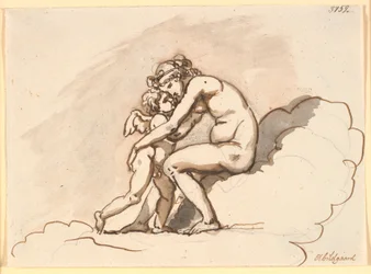 Venus, som sitter i skyene, omfavner Amor