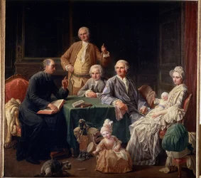 ""Portrett av Leroy-familien"" Familiescene som bringer sammen en prest, moren med barna. Maleri av Nicolas Bernard (1735-1784) 1766-1767 Mål 136x147 cm Pushkin-museet, Moskva
